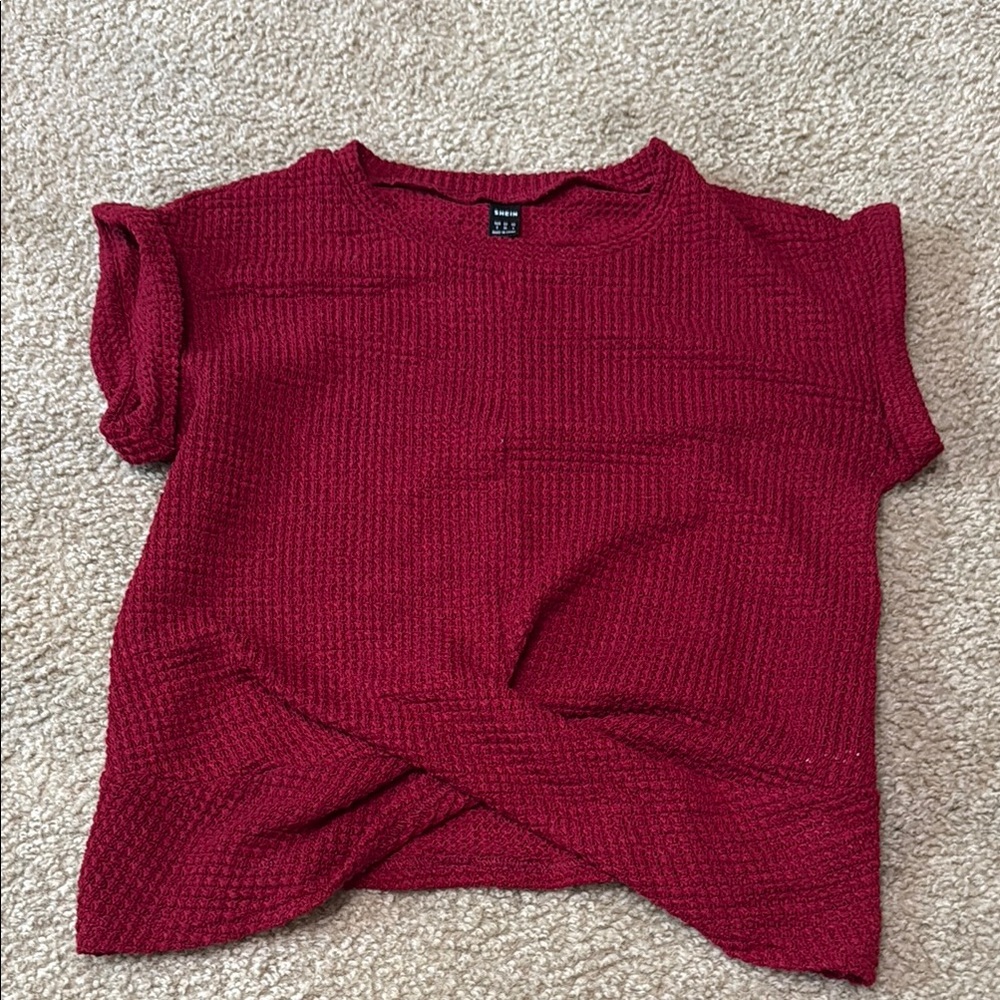 SHEIN Red Cuffed Sleeve Ribbed T-Shirt